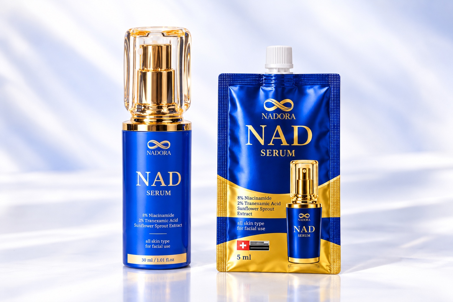 NADORA NAD SERUM แบบขวดและซองในสตูดิโอโทนพอร์ซเลน