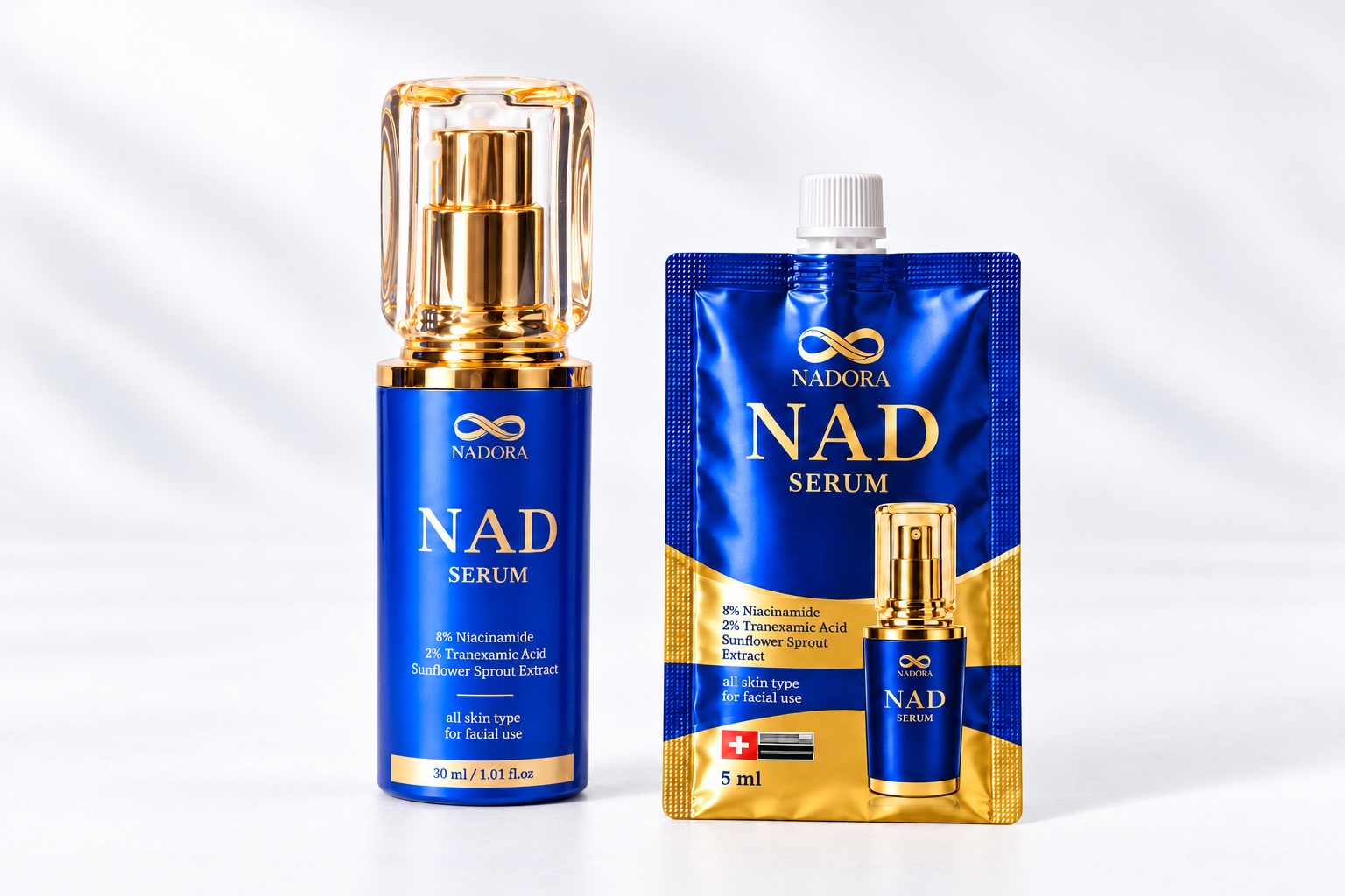 NADORA NAD SERUM แบบขวดและซองในสตูดิโอโทนพอร์ซเลน