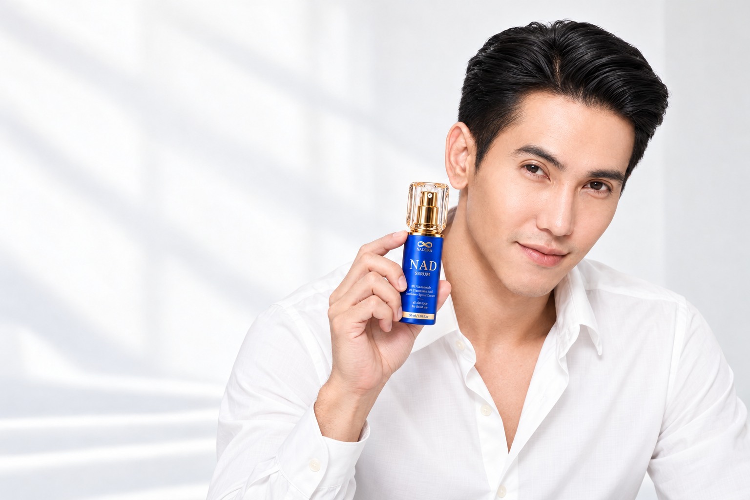 AI-created NADORA campaign portrait of Got Jirayu holding the 30 ml NAD SERUM bottle